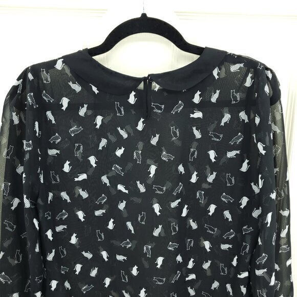 Marks & Spencer Sheer Cat-Print Peter Pan Collar Blouse Black US 8 Halloween - Picture 10 of 16